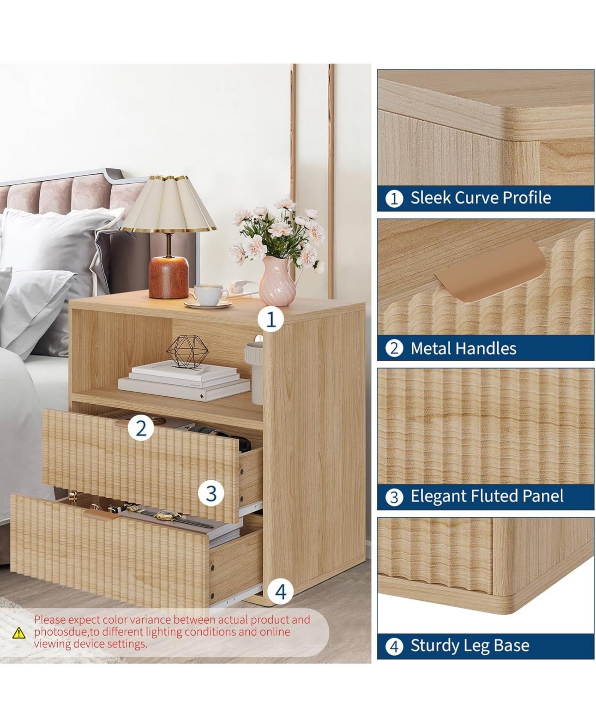 Gaomon Fluted Farmhouse Night Stand with Charging Station, 23" Mid-Century Modern Nightstand, 2 Drawers End Table