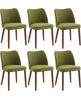 Dining Chair Set of 6, Linen Upholstered Dining Chair with Wood Legs, Wing Backrest, Wooden Kitchen Chair, Kitchen Chairs with Thick Cushions