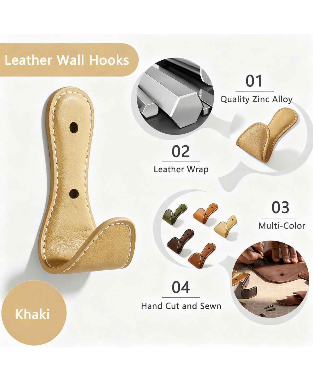 Yigii 4Pc Leather-Wrapped Zinc Alloy Wall Hooks for Home