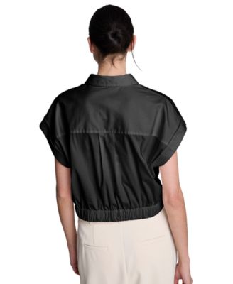 Women's Button Front Collared Cropped Shirt