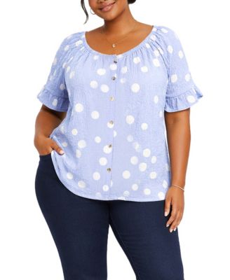 Plus Size Polka Dot Crinkle Knit Button-Front Ruffle Sleeve Top