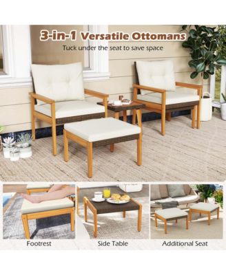 5 PCS Rattan Furniture Set Wood Frame Chairs & Ottomans with Square Coffee Table