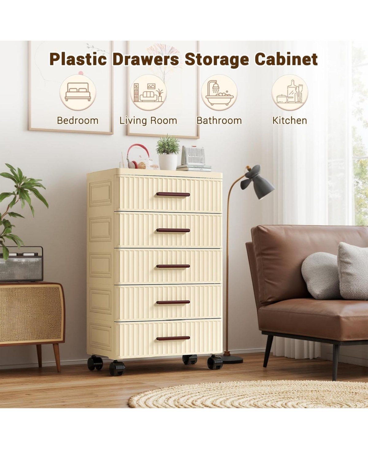 gaomon 5 Tiers Plastic Drawer Storage On Wheels, Storage Chest of Drawers Tall Dresser, Pull Out Storage Bins for Bedroom