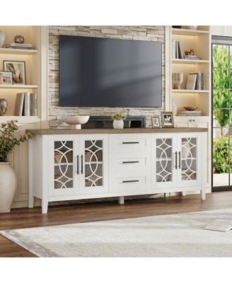 Farmhouse TV Stand with Glass Door for 70 Inch Tv, Mid Century Modern Entertainment Center for Living Room