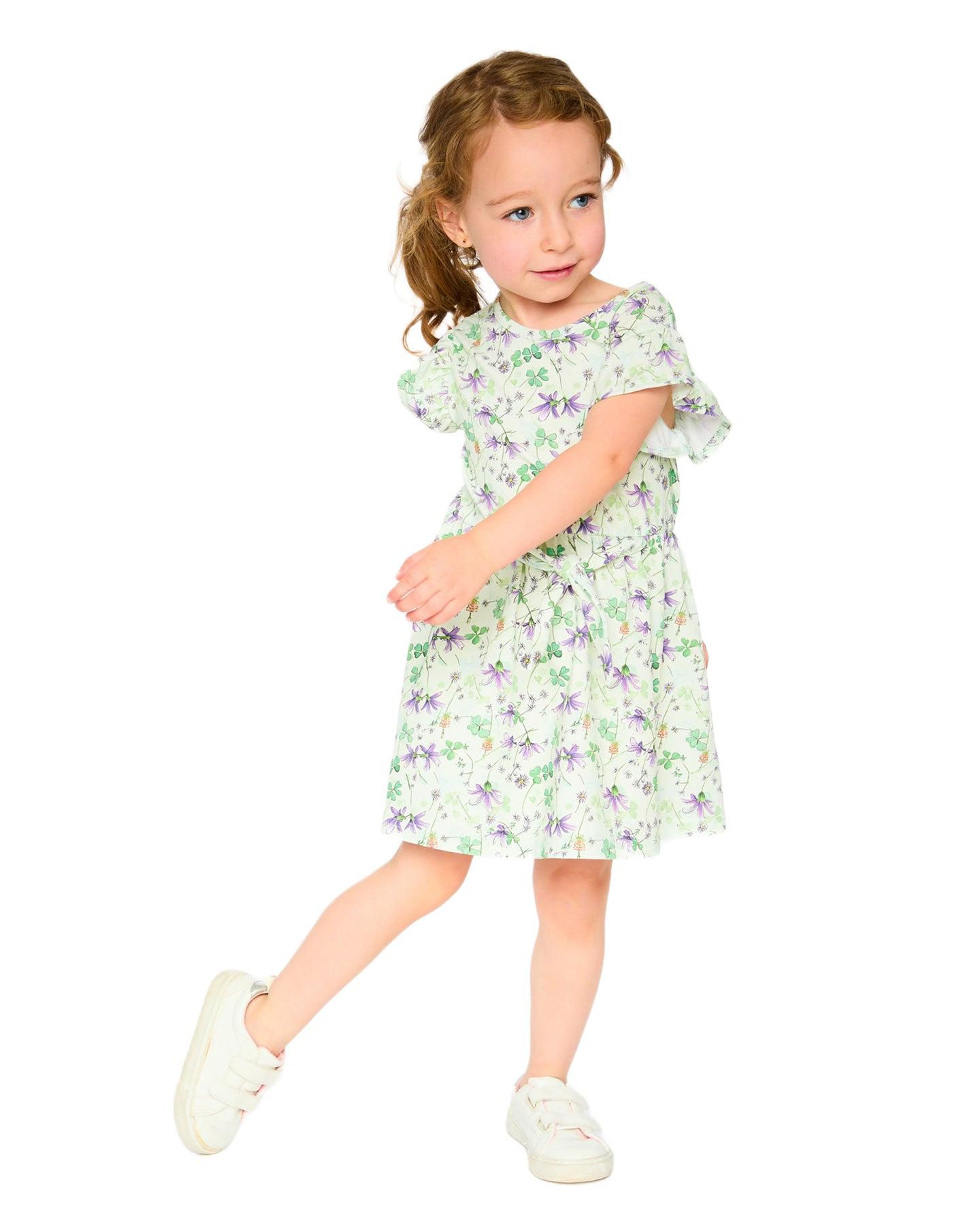 Платья Deux par Deux Jersey Dress Printed Flowers - Child для девочек, цвет: Зелёный с принтом — фото 2