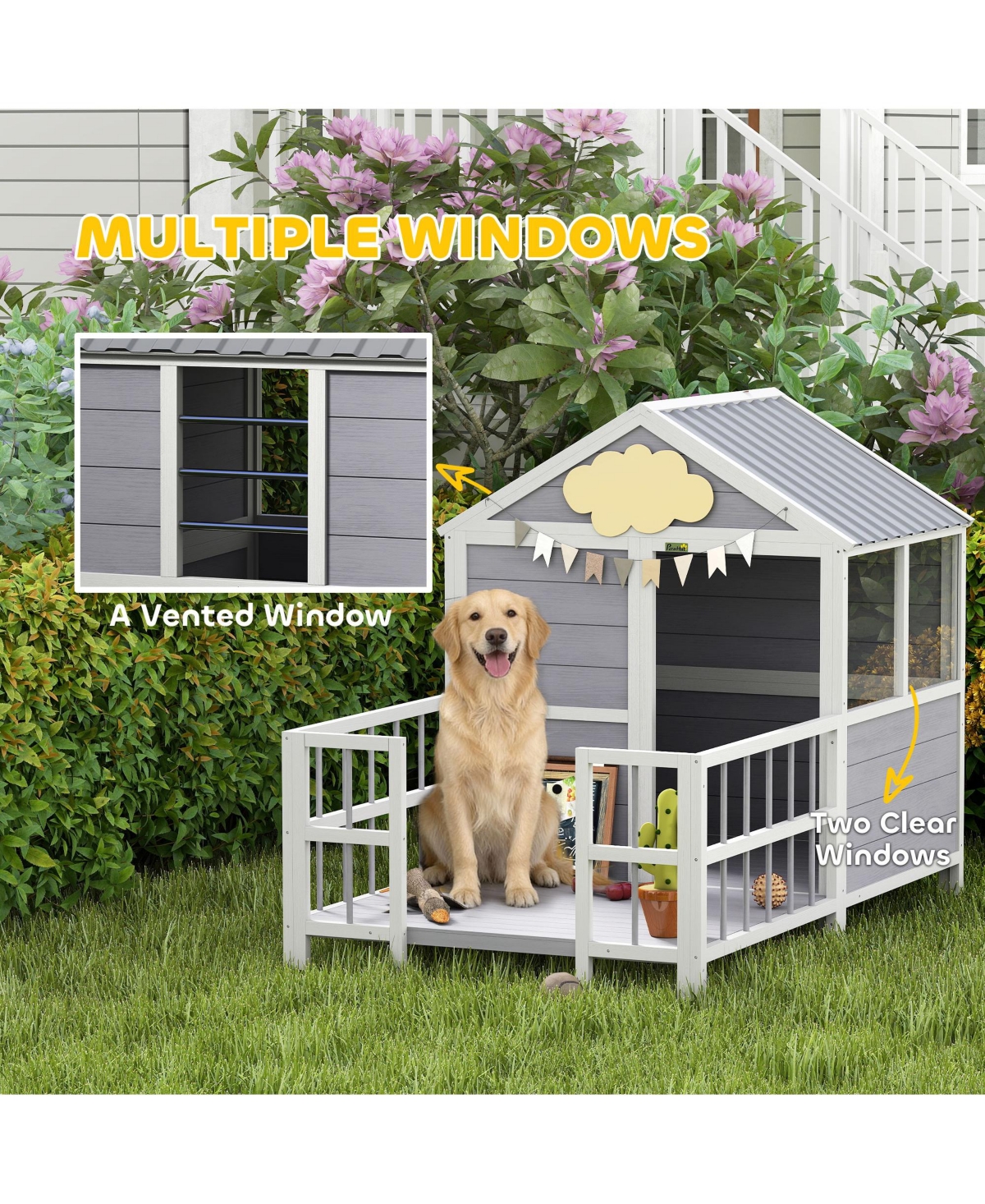PawHut Dog House Outdoor, 61"L Wooden Dog Shelter with Porch