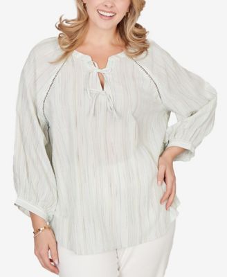 Plus Size Crinkle Stripe Tie Front Peasant Top