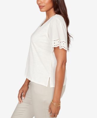 Plus Size Eyelet Poplin-Sleeve Slub Knit Top