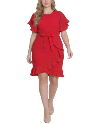 Plus Size-Short-Sleeve Pleated Ruffle Dress