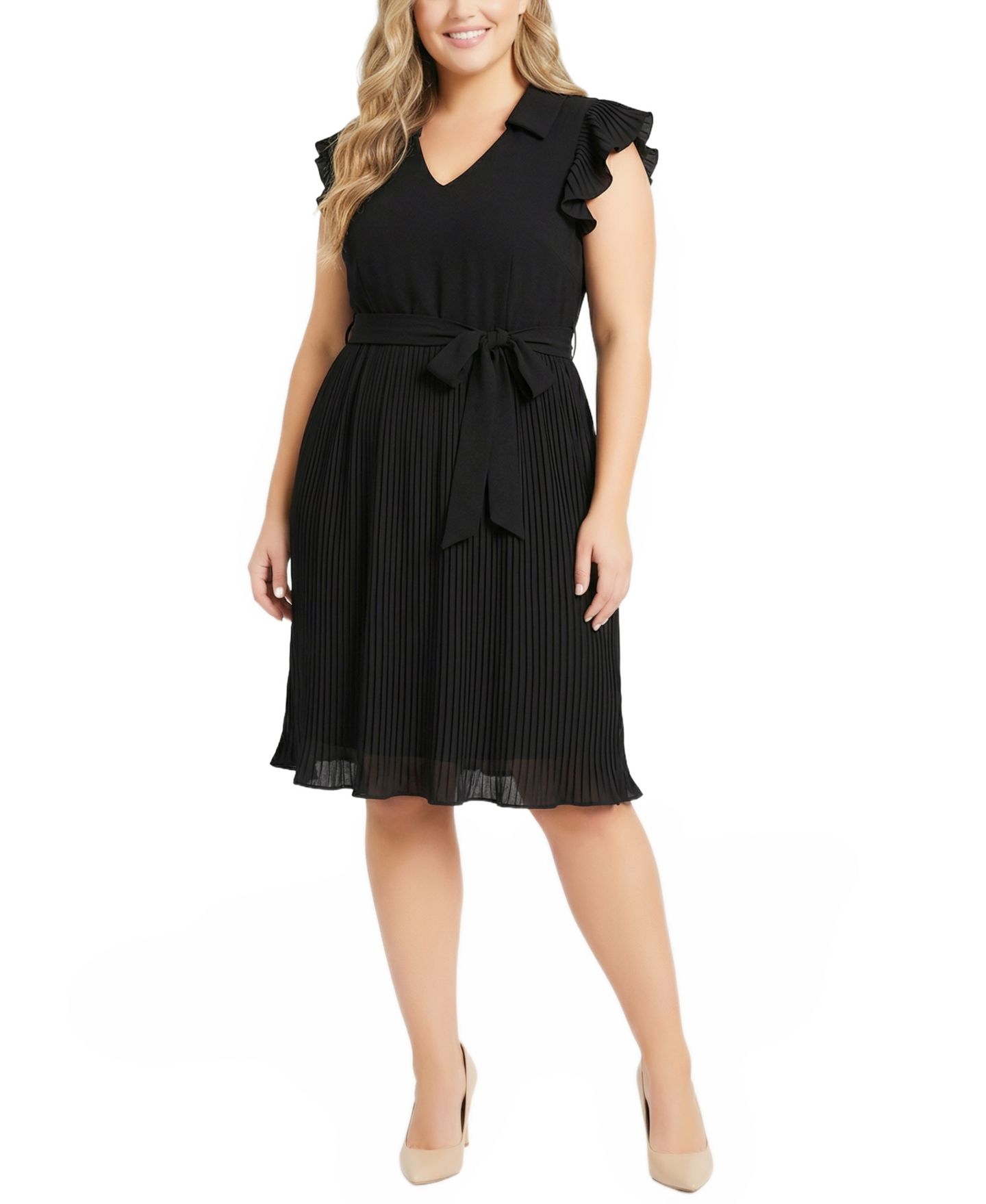 Женское платье NY Collection Plus Size Plissé Pleated Short-Sleeve, цвет: Чёрный — фото 1