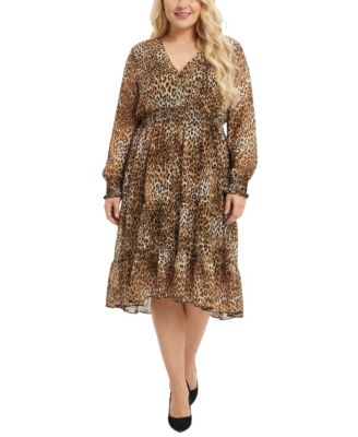 Plus Size Long-Sleeve Clip Dot Chiffon Dress with Smocked Waist and Cuffs