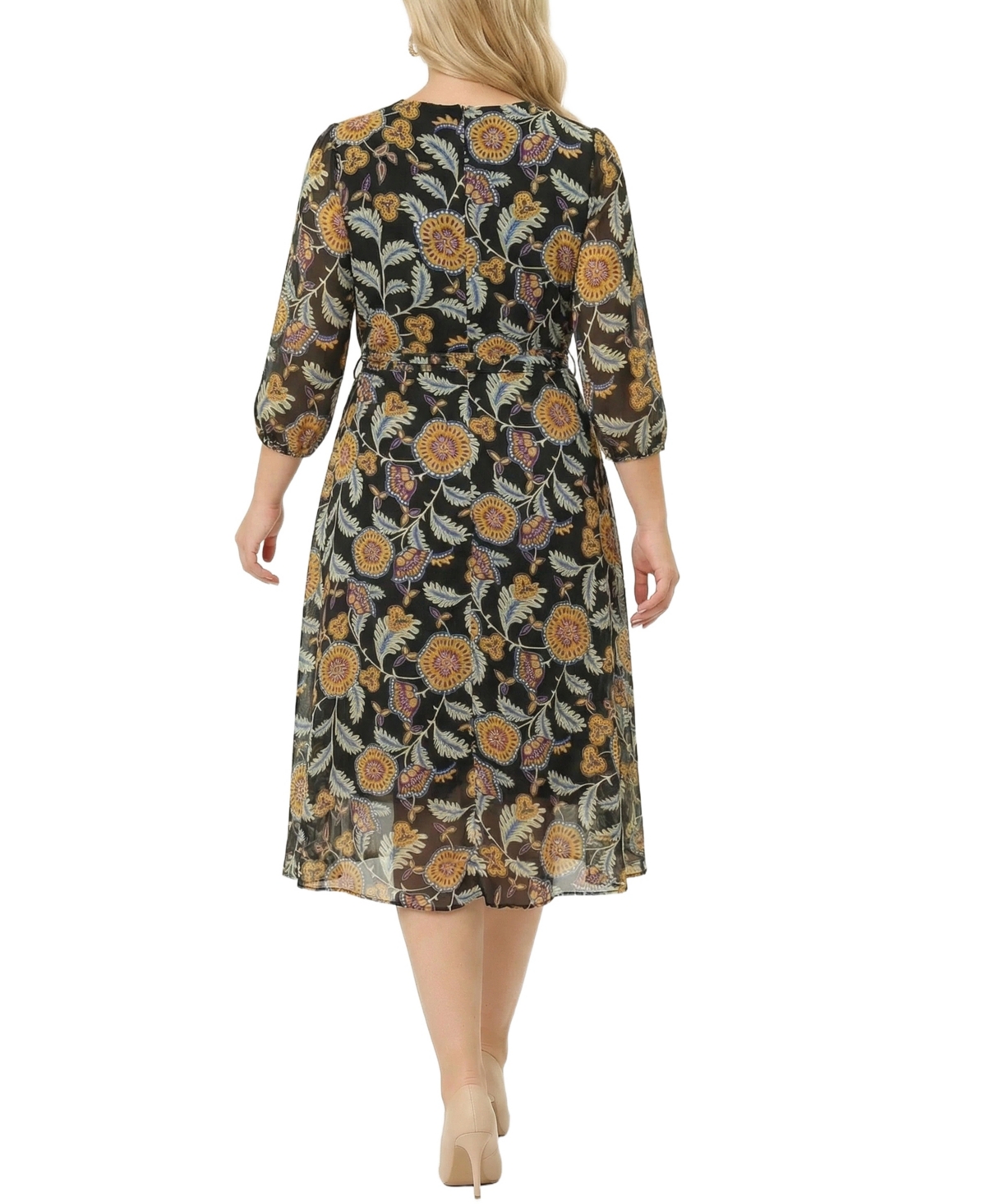 Ny Collection Plus 3/4 Sleeve V Neck Belted Chiffon Dress