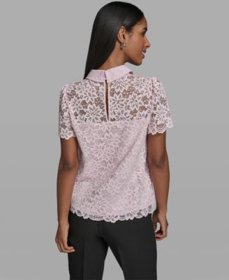 Women's Short-Sleeve Floral Lace Woven Blouse