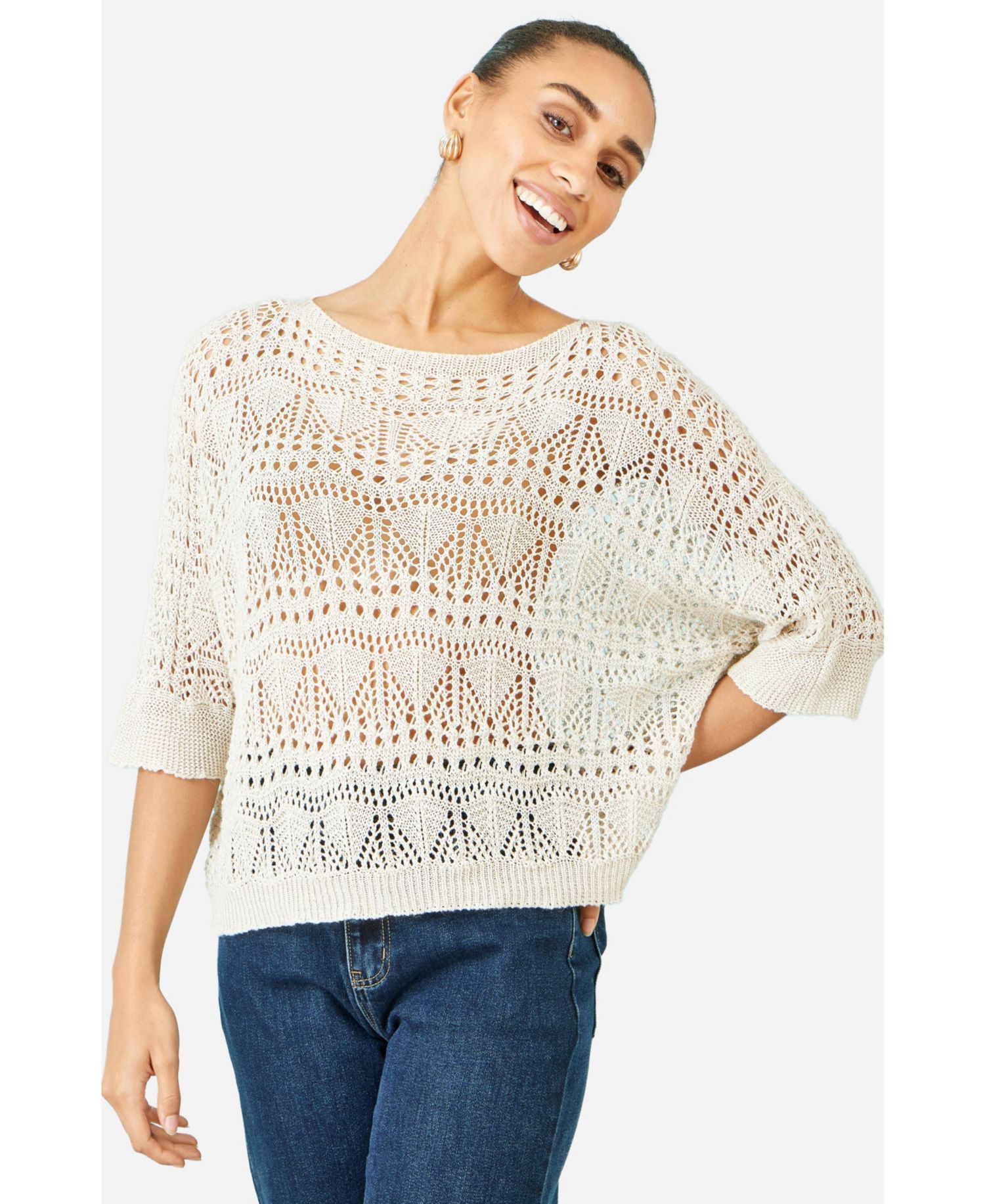 Women's Cotton Mix Relaxed Fit Pointelle Jumper