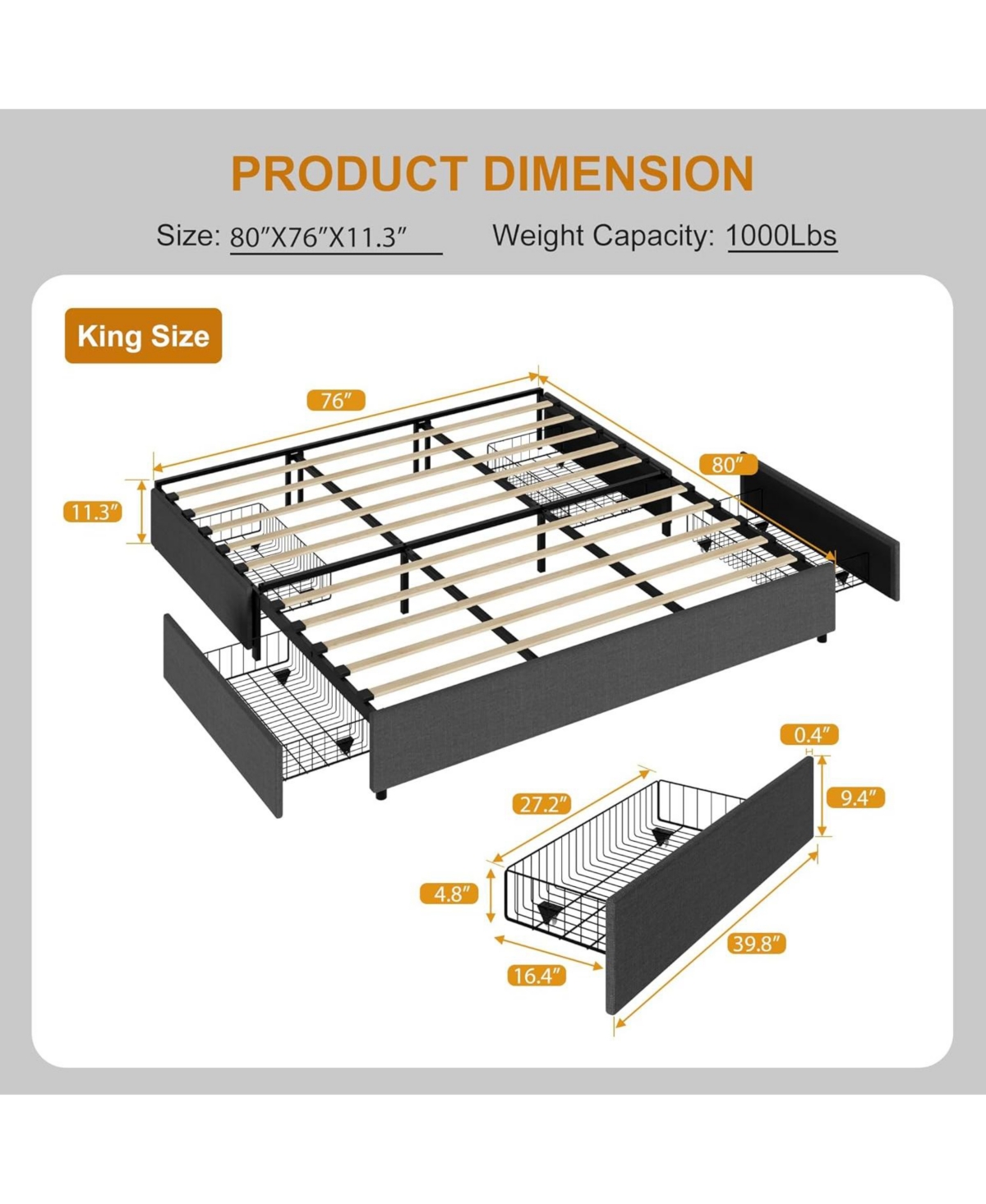 Gaomon Platform Bed Frame, Fabric Upholstered with 4 Storage Drawers, No Box Spring Needed, Wooden Slats Support, Noise Free