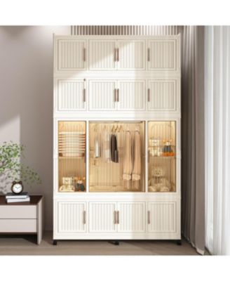 Portable Wardrobe Closet with Magnetic Doors, 4 Cubes, Hanging Rod & 10 Hangers