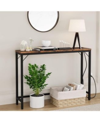 Console Table with Outlet & USB Ports, Narrow Sofa Table, Industrial Entryway Table with Charging Station