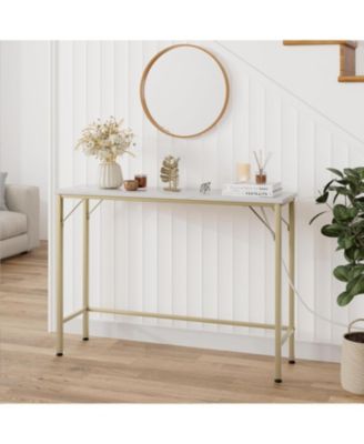 Console Table with Outlet & USB Ports, Narrow Sofa Table, Industrial Entryway Table with Charging Station