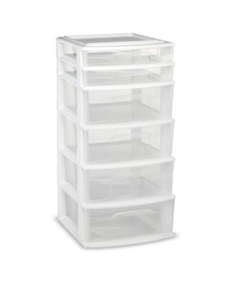 Plastic 6 Clear Drawer Medium Home Storage Container Tower, White Frame