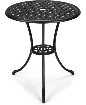 Round Patio Bistro Table, Outdoor Cast Aluminum with Iron Frame, Umbrella Hole, Balcony, Backyard
