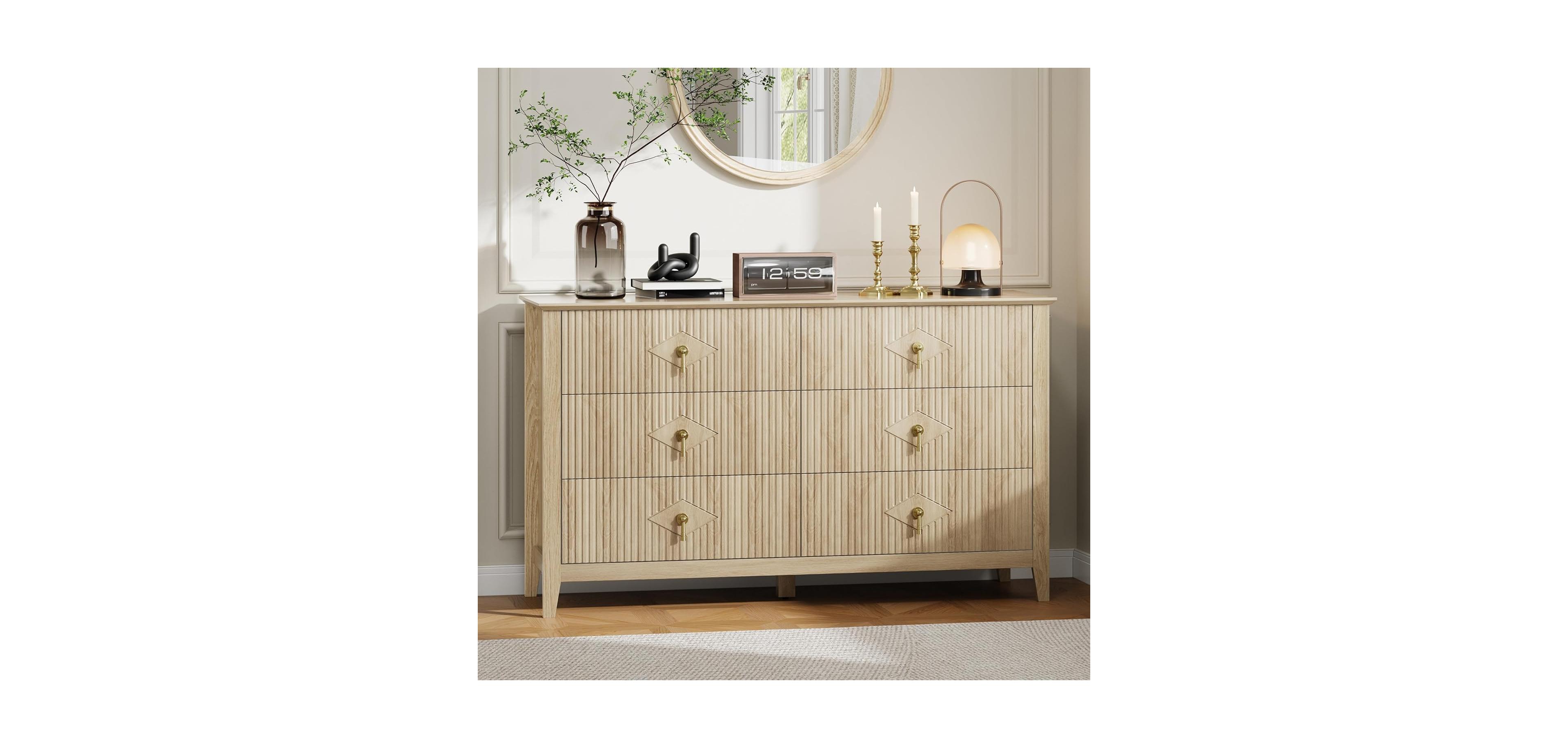 gaomon Fluted 6 Drawer Dresser, 54" Wide Modern Wooden Chest