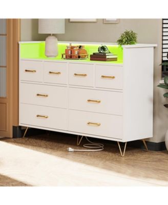 8 Drawer Dresser with Charging Station and RGB Lights, Wide Bedroom Chest with Outlets and USB