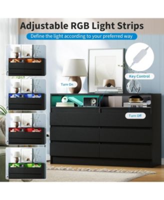 Modern 4 Drawer Dresser with LED Light and Charging Station, White Storage Chest with Power Outlet, Accent Double Dresser for Bedroom Living