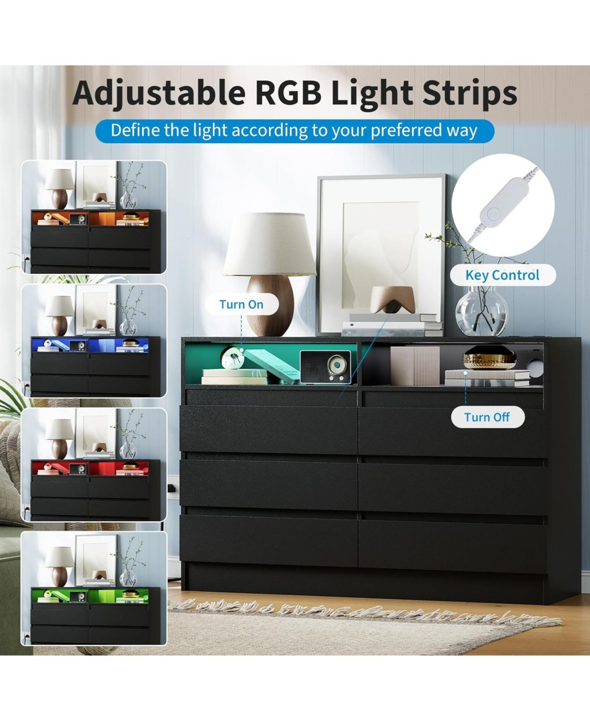 gaomon Modern 4 Drawer Dresser with Led Light and Charging Station, Storage Chest with Power Outlet