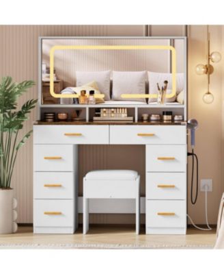 42" LED Makeup Vanity Desk with Large Mirror, 8 Drawers & Charging Station, Modern Dressing Table with Glass Top, Storage Stool