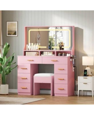 42" LED Makeup Vanity Desk with Large Mirror, 8 Drawers & Charging Station, Modern Dressing Table with Glass Top, Storage Stool