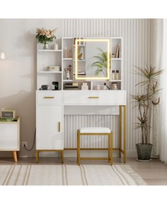 Vanity Desk with Lighted Mirror and Power Outlet - Makeup Table with 2 Drawers - 9 Open Shelves and 2 Cabinets