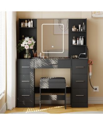 Dresser Set Dresser with Mirror - LED Lights and Power Outlet Dresser with Stool - Open Shelf