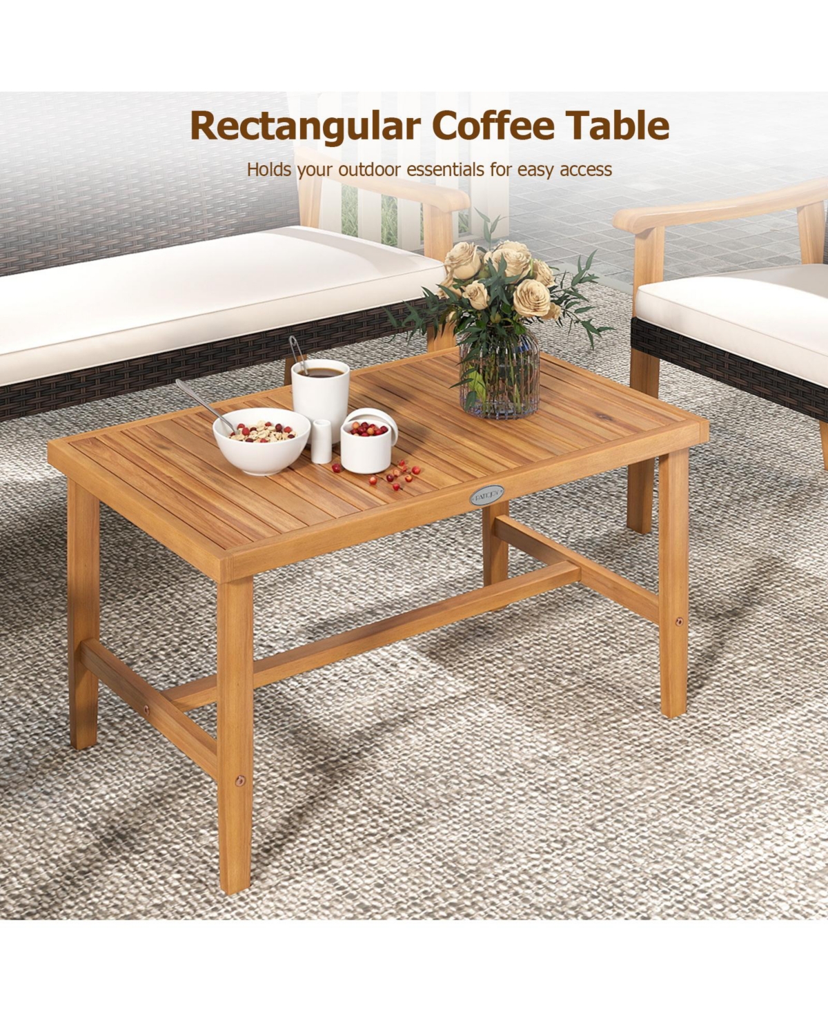 Gymax Set of 8 Patio Furniture Set w/Acacia Wood Coffee Table & Soft Cushions for Garden Outdoor
