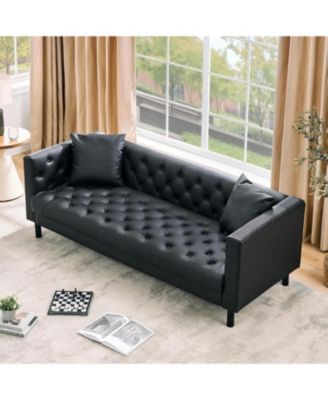  78" Leather Couch, Handmade Button Tufted 3 Seater Chesterfield Sofa with Deep Seat and 2 Pillows for Living Room or Apartment