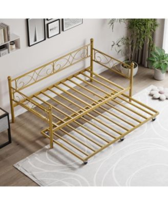 Twin Size Metal Daybed Frame with Trundle Heavy Duty Metal Slats, Mattress Foundation Platform Sofa Bed with Headboard for Bedroom