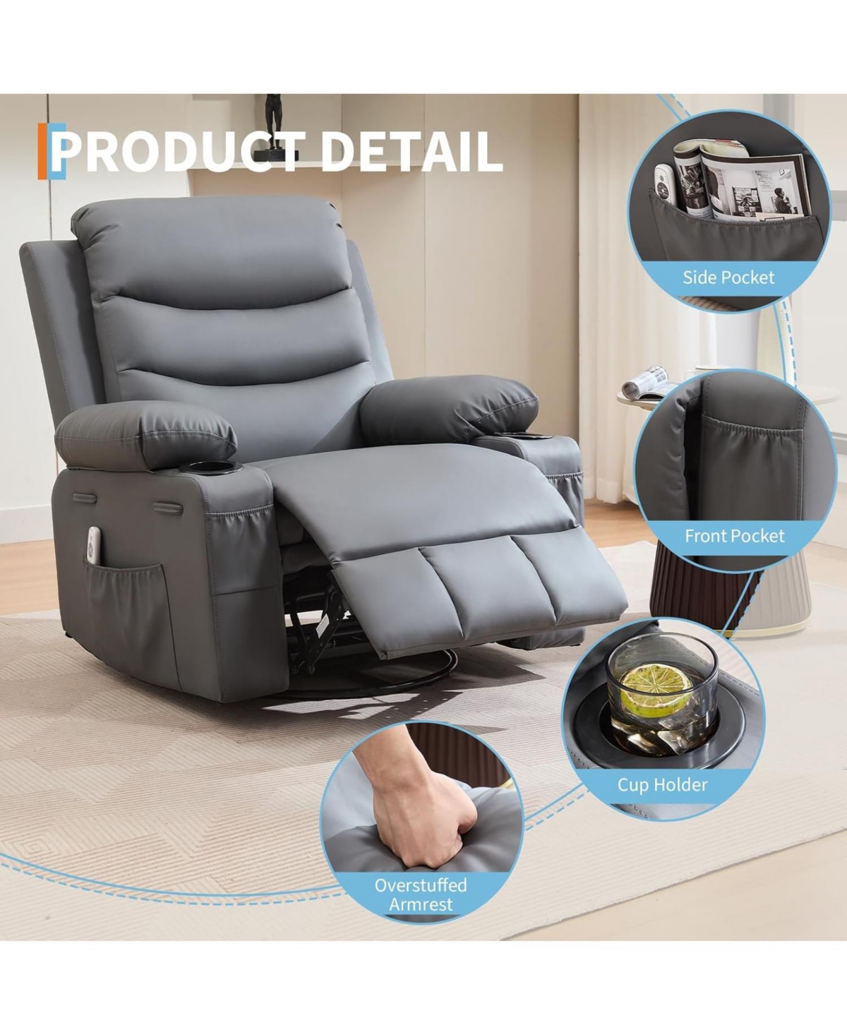gaomon Swivel Rocker Recliner Chair with Massage and Heat, Oversized Glider Recliner Nursery Chair,Single Sofa Seat