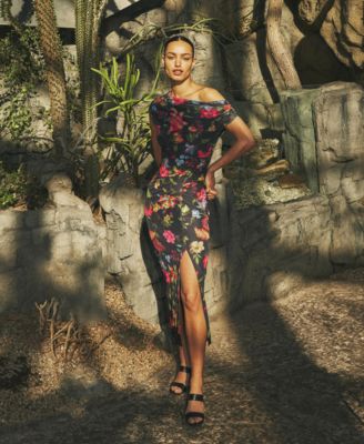 Women's Printed Mesh Asymmetrical Neckline Bodycon Dress