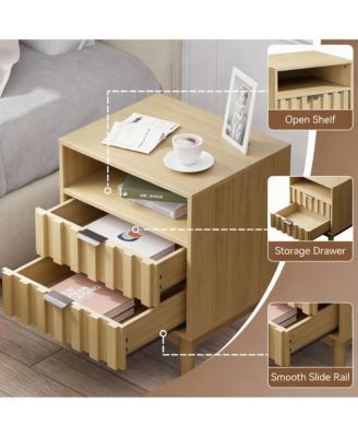 Fluted Pattern Modern Nightstand with 2 Drawers & Open Shelf