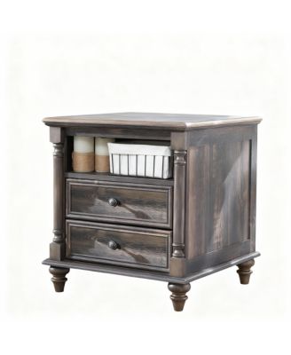 24" Rustic Square Nightstand with Charging Station for Bedroom/Living Room