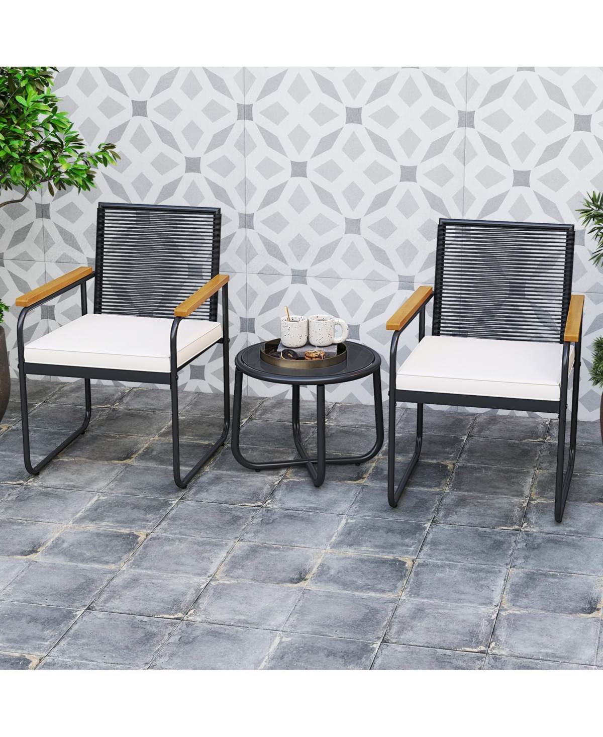 Gymax 3 Pieces Patio Furniture Set Pe Wicker Chairs & Side Table w/Armrests Padded Cushions