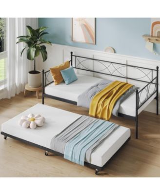 Twin Daybed with Trundle, Metal Daybed and Trundle Set, Sofa Bed Frame with Steel Slat Support, Multifunctional Daybed for Bedroom, Living Room