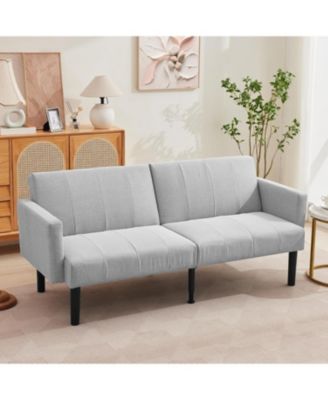 75.5” Convertible Futon Sofa Bed, Linen Flannel Small Couch Sofa with Wood Legs & 700lbs Capacity, Adjustable Folding Loveseat
