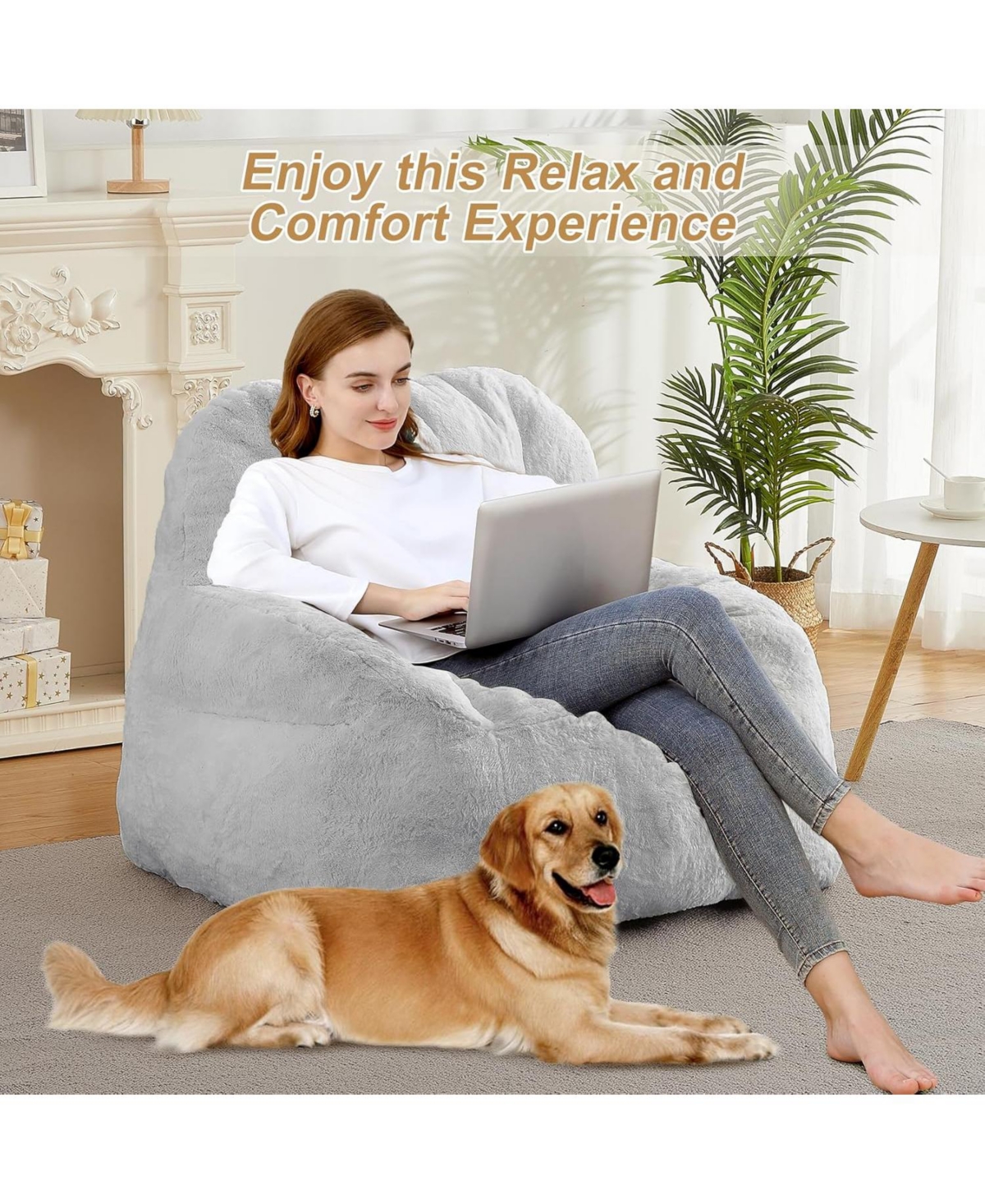 gaomon Giant Bean Bag Chair, Faux Fur Stuffed Bean Bag Couch with Filler, Bean Bag Chair for Adults, Big Lazy Sofa Floor Sofa with Handle