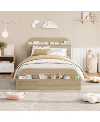 Bed Frame, Wooden Beds with Storage Headboard and Raised-Foodboard for Kid, Twin-Floor Low Platform Bed, Sturdy Wooden Slats Support.