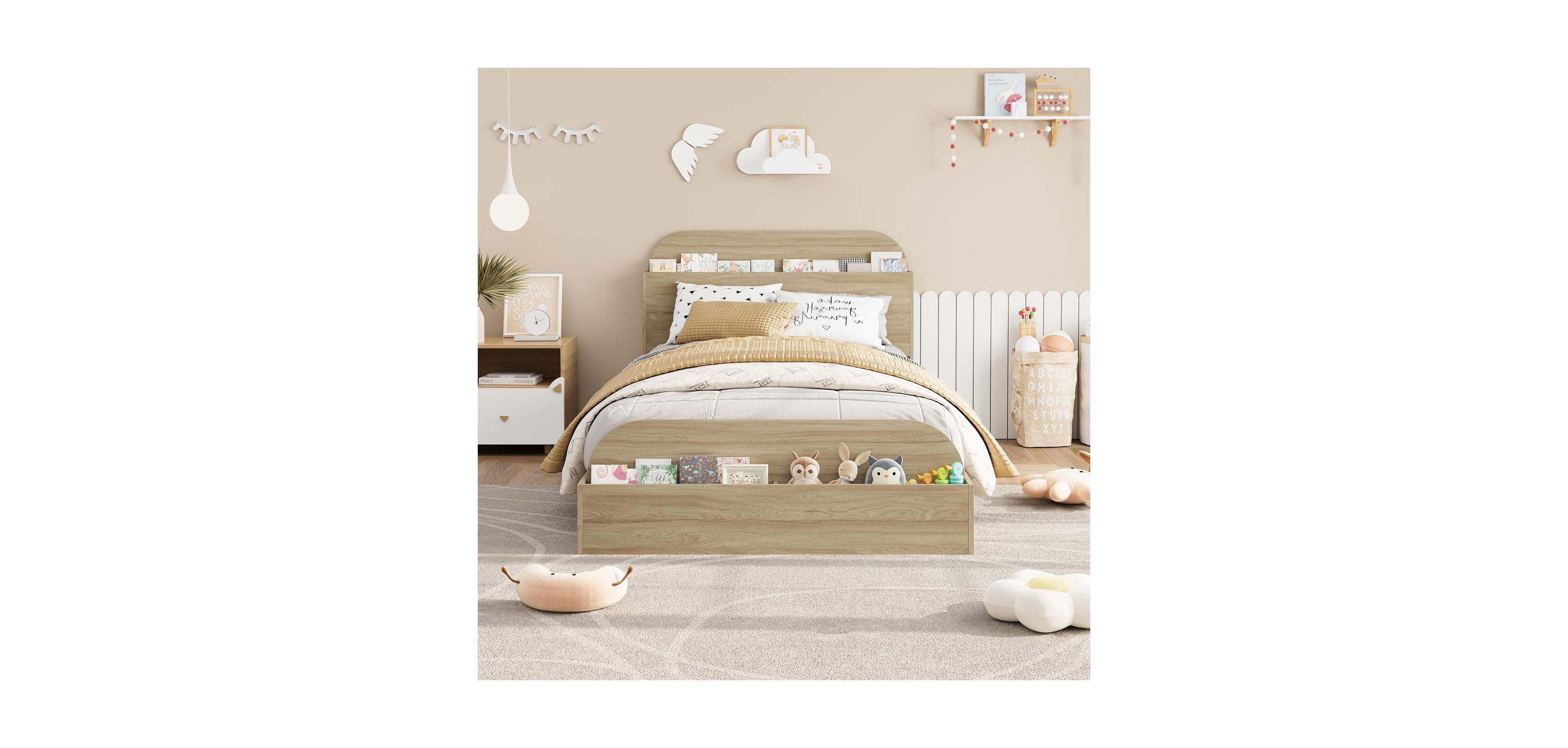 gaomon Bed Frame, Wooden Beds with Storage Headboard and Raised-Foodboard for Kid, Twin-Floor Low Platform Bed, Sturdy Wooden Slats Support.