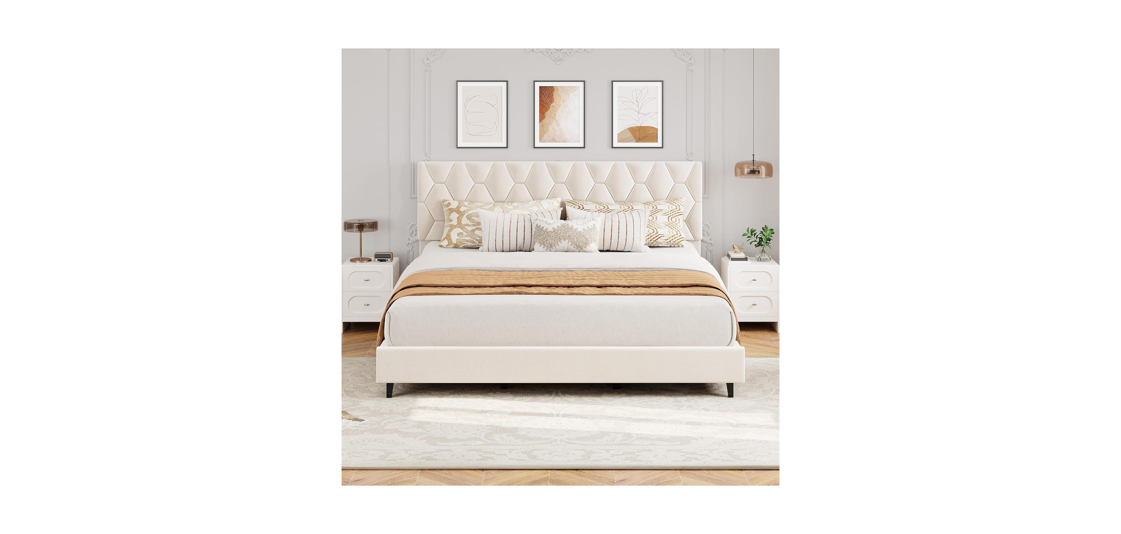 gaomon Bed Frame, Upholstered Bed Frame, Heavy-Duty Platform Bed Frame with Height Adjustable Fabric Headboard