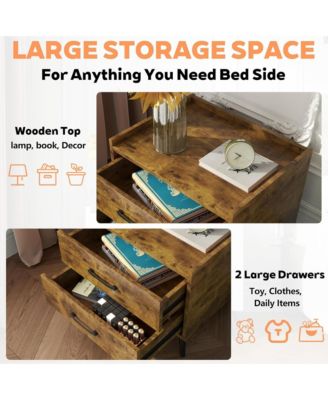 Retro Nightstand, Minimalist End Side Table, Bedside Table with 2 Drawers and Metal Legs, Essential Bedroom Furniture