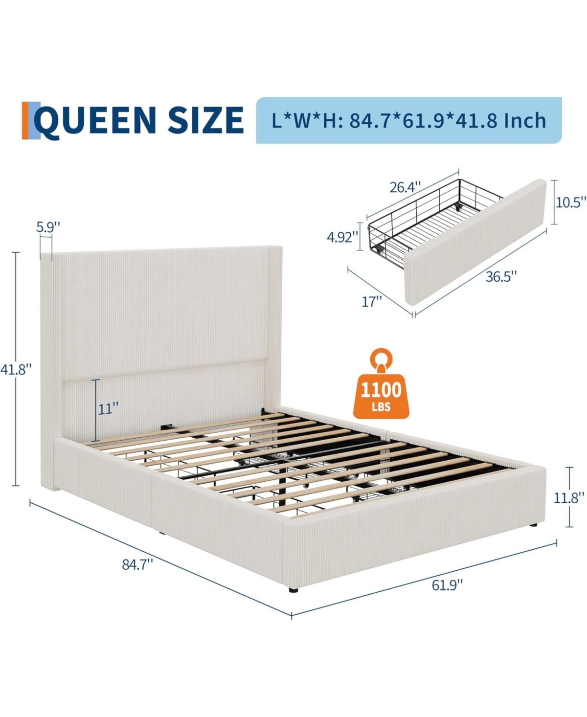 gaomon Queen Bed Frame with Storage Drawers, Corduroy Upholstered Platform Wingback, Tufted Headboard and Footboard