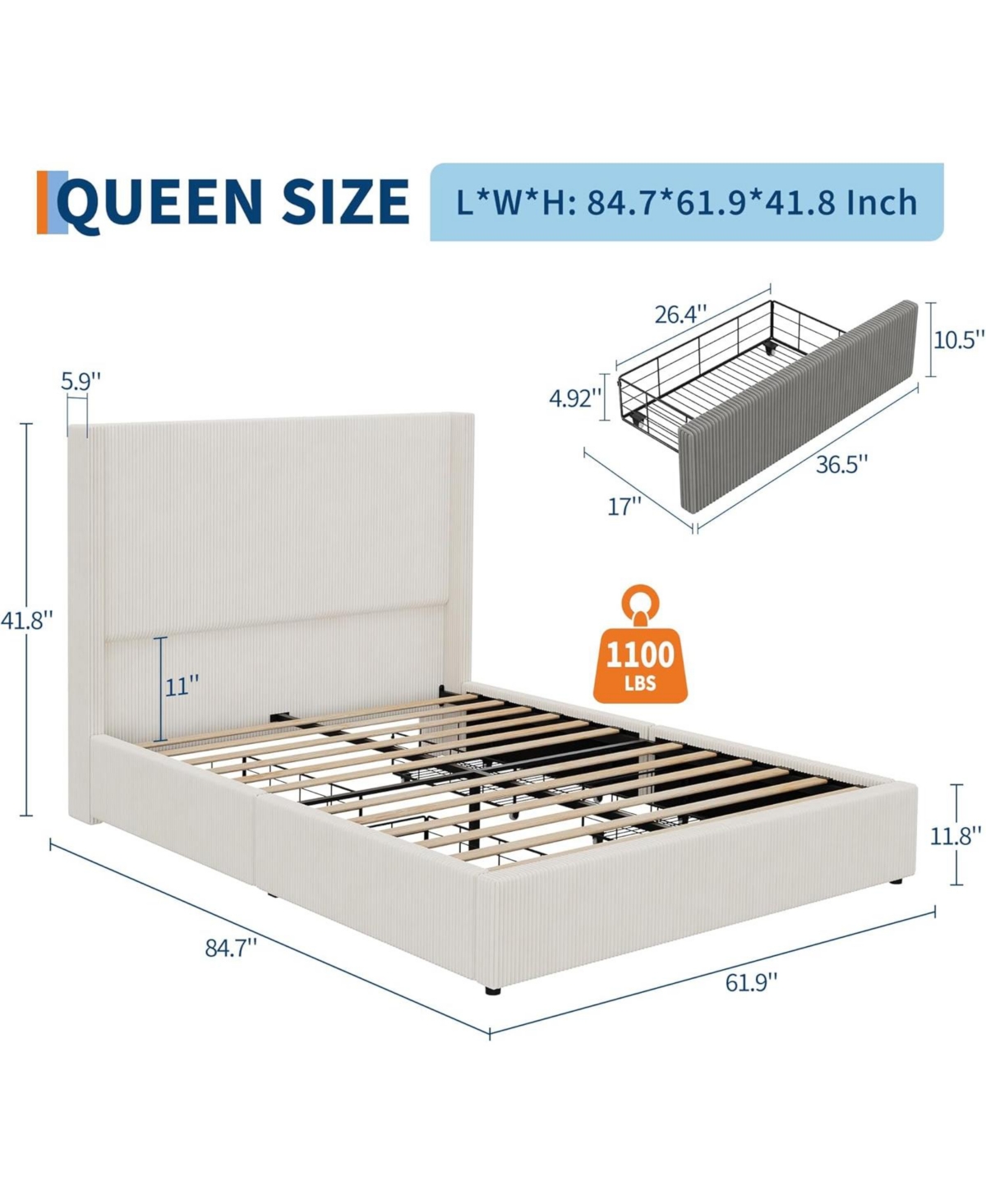 gaomon Queen Bed Frame with Storage Drawers, Corduroy Upholstered Platform Wingback, Tufted Headboard and Footboard