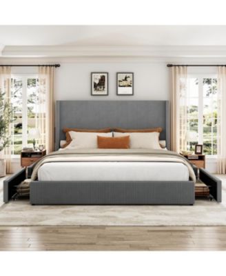 King Size Bed Frame with Storage Drawers, Corduroy Upholstered Platform with Wingback, Tufted Headboard and Footboard